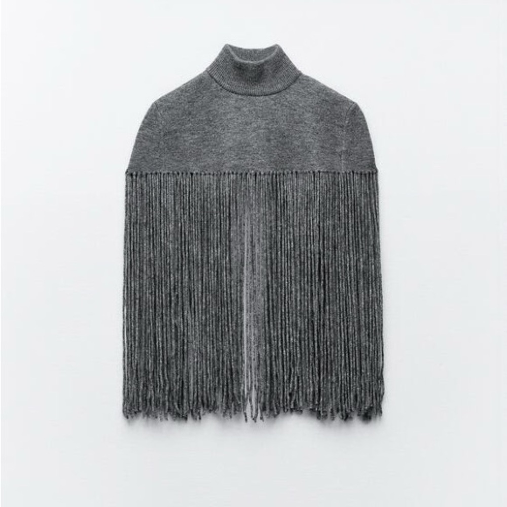 Gray Fringe Sweater Cape